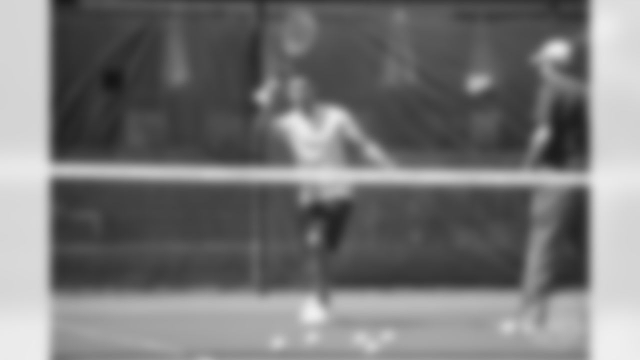 Safety Justin Simmons tries his hand at tennis as part of a video series from Broncos TV at Greenwood Athletic and Tennis Club on June 18, 2018.