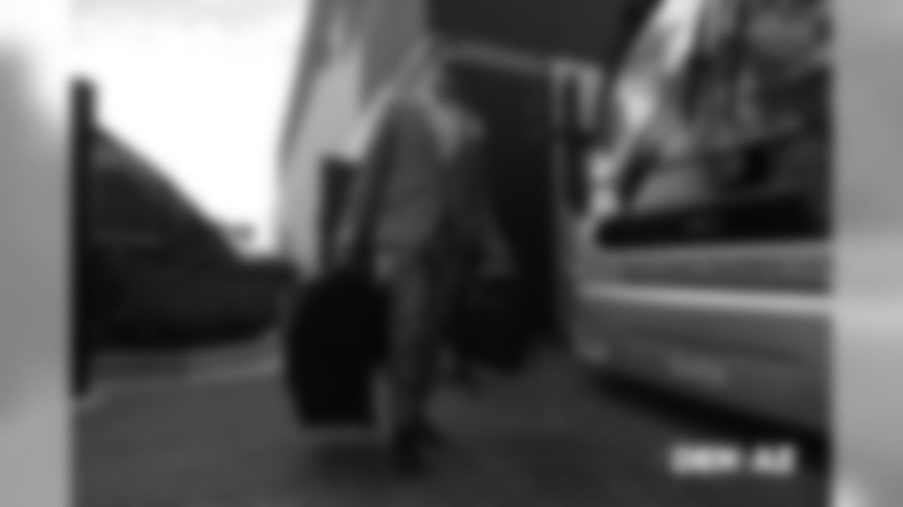 Garett Bolles walks to the buses during the team's travel for their Week 7 game against the Arizona Cardinals on October 17, 2018.