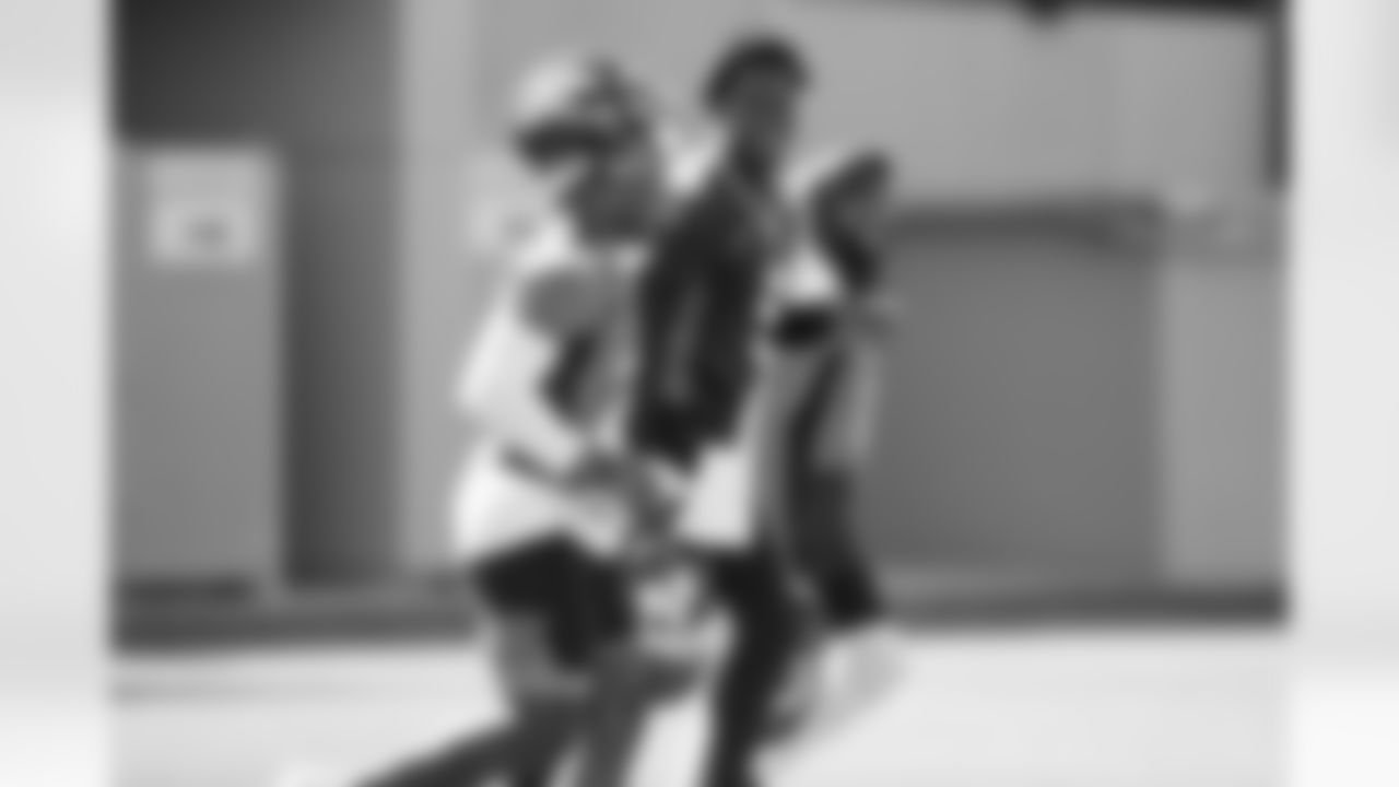 Mike Boone, Teddy Bridgewater and Diontae Spencer during the ninth day of OTA practices at UCHealth Training Center on June 9, 2021. (Photo by Ben Swanson)