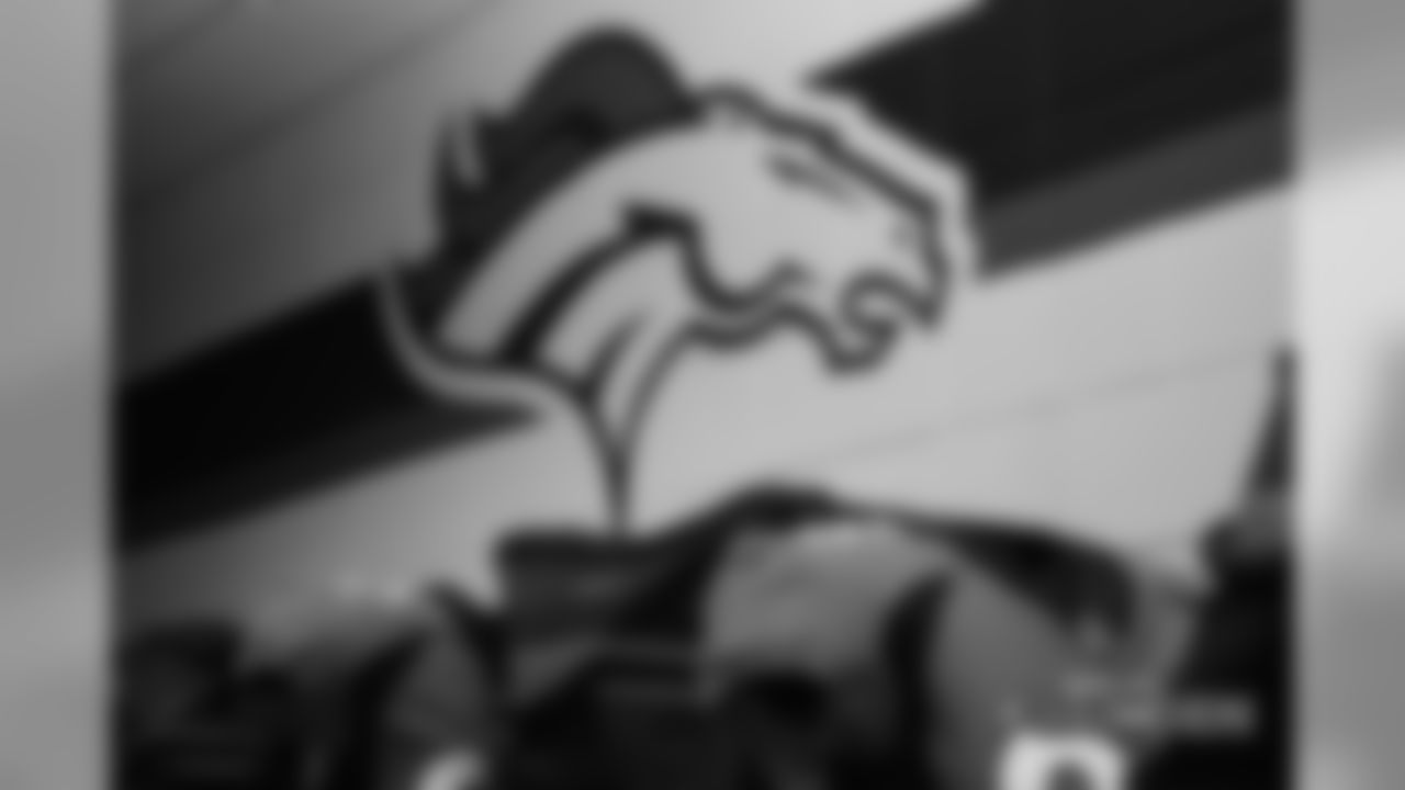 The Broncos' logo in the locker room pregame before the Broncos' Week 2 game against the Oakland Raiders at Broncos Stadium at Mile High on September 16, 2018.