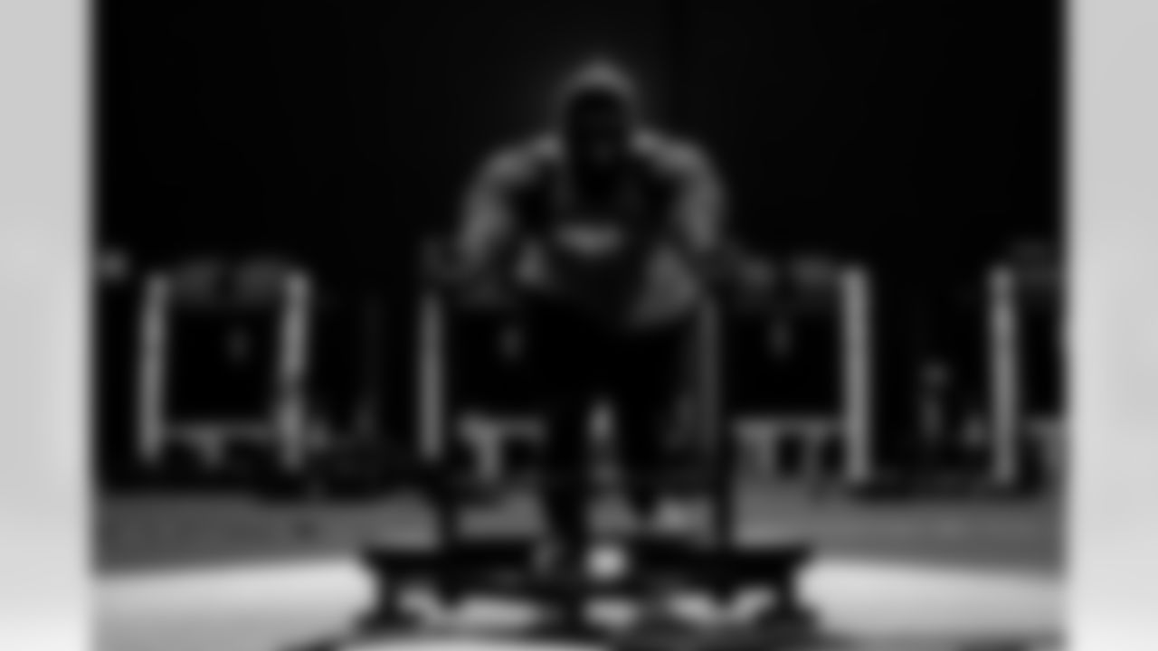 Lloyd Cushenberry III during a video shoot in the weight room for the season hype video at UCHealth Training Center on July 13, 2021. (Photo by Ben Swanson)
