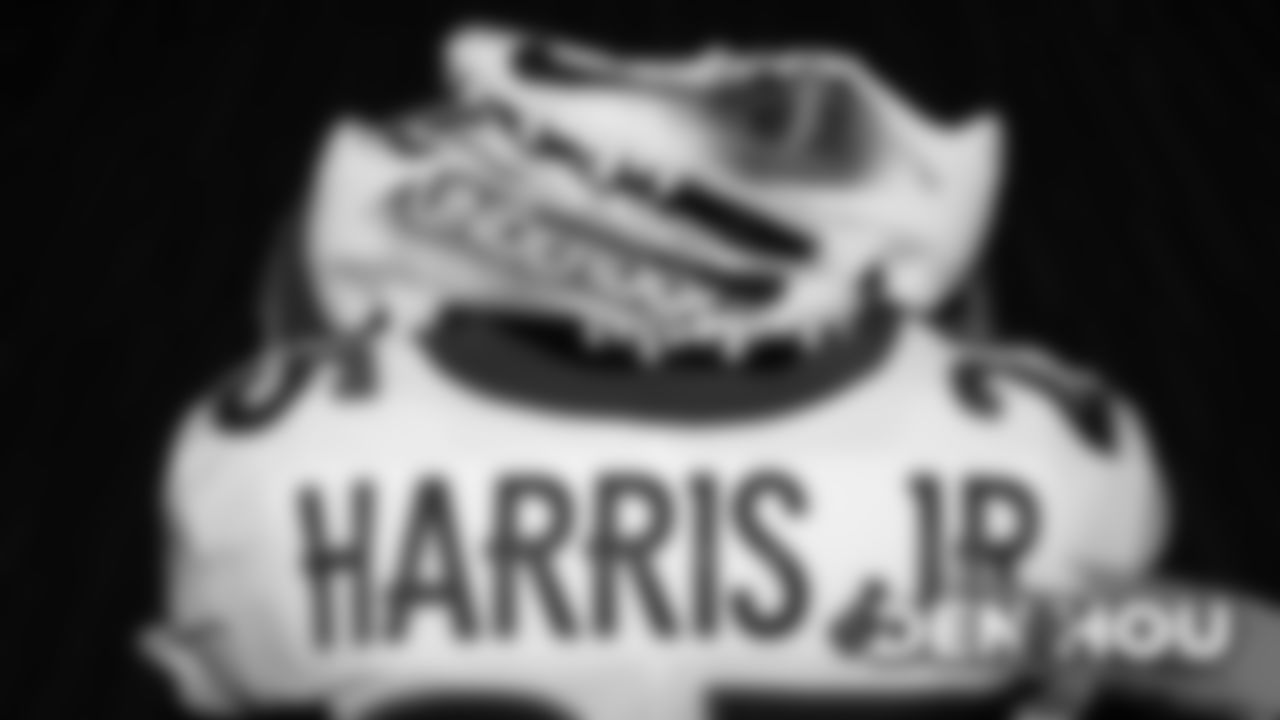 Chris Harris Jr.'s jersey and custom shoes for My Cause My Cleats in the locker room before the Broncos' Week 14 game against the Houston Texans at NRG Stadium on December 8, 2019. (Photo by Ben Swanson)