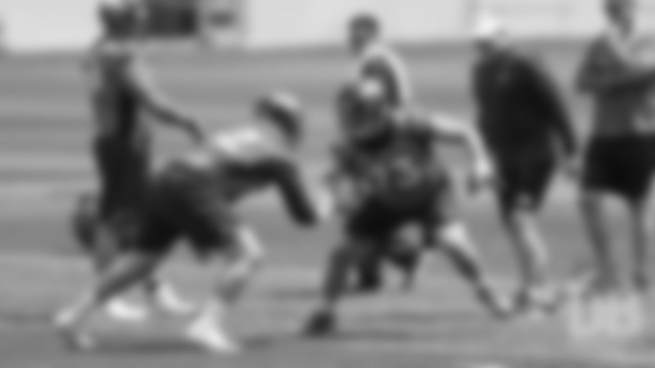 Tackle John Leglue during the first day of rookie minicamp practice on May 10, 2019.
