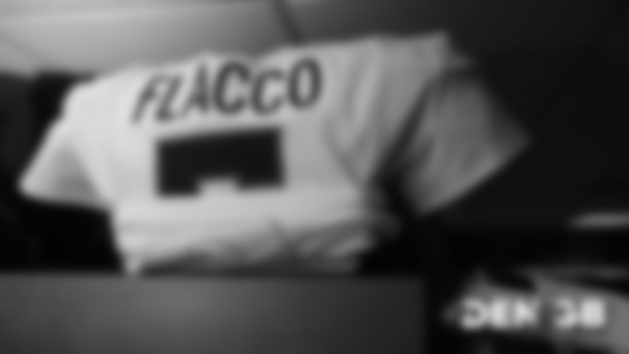 Joe Flacco's jersey inside the locker room before the Broncos' Week 3 game against the Green Bay Packers on September 22, 2019 at Lambeau Field. (Photo by Ben Swanson)