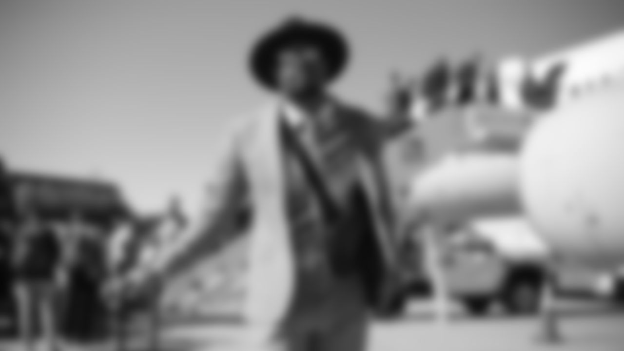 Von Miller on the tarmac at Denver International Airport during the team's travel to Indiana on October 26, 2019 ahead of their Week 8 game against the Indianapolis Colts. (Photo by Ben Swanson)