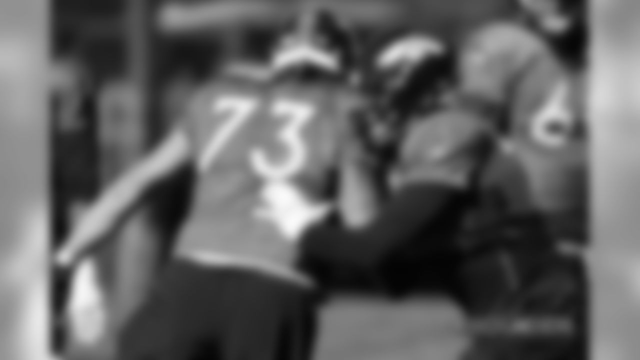 Andreas Knappe and Garett Bolles during practice at UCHealth Training Center on November 1, 2018.
Photo by Gabriel Christus