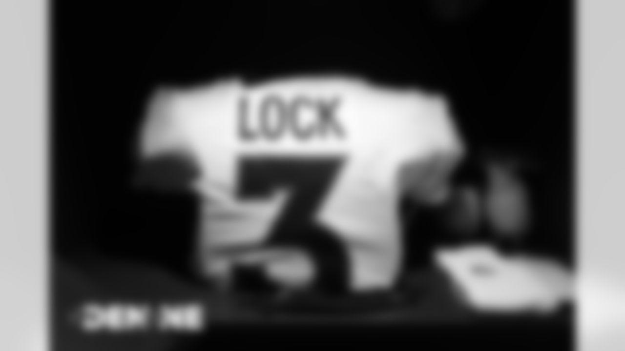 Drew Lock's jersey in the locker room before the Broncos' Week 6 game against the New England Patriots at Gillette Stadium in Foxborough, Massachusetts, on October 18, 2020. (Photo by Ben Swanson)