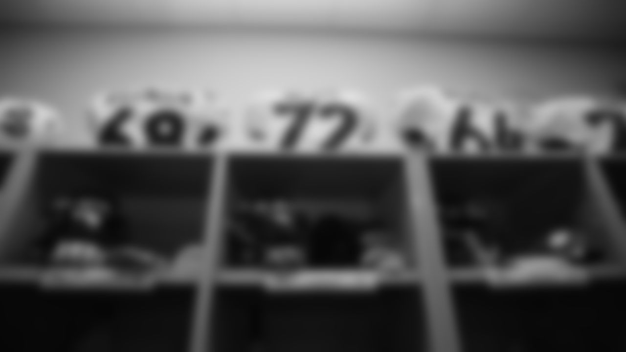 Elijah Wilkinson's, Garett Bolles's and Jake Brendel's jerseys and helmets inside the locker room during the equipment setup before the Broncos' preseason matchup with the Falcons in the Pro Football Hall of Fame Game on August 1, 2019 at Tom Benson Hall of Fame Stadium.