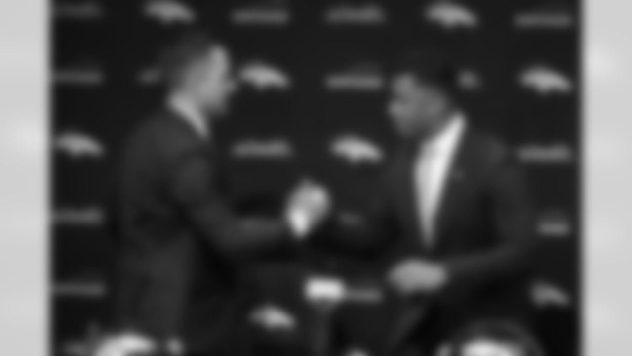George Paton and Russell Wilson during a press conference introducing Russell Wilson as the new quarterback for the Denver Broncos on Wednesday, March 16, 2022 at UCHealth Training Center in Denver, Colorado.
Photo by Gabriel Christus