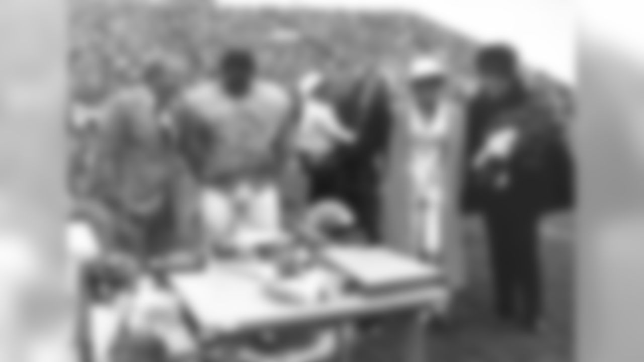 Floyd Little is honored on Floyd Little Day as the 1971 NFL Rushing champion (1133 yards) before an October 29, 1972 loss (20-27) to the Cleveland Browns at Mile High Stadium.