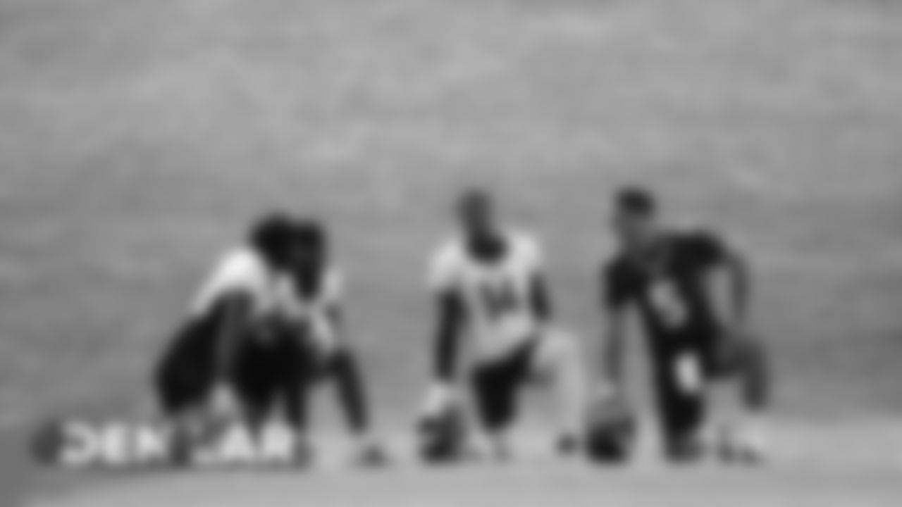 Tim Patrick, DaeSean Hamilton, Courtland Sutton and Joe Flacco at practice on August 22, 2019 at UCHealth Training Center. (Photo by Ben Swanson
