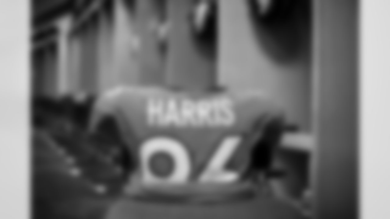 Shelby Harris's jersey in the locker room before the Broncos' Week 4 game against the Baltimore Ravens on October 3, 2021 at Empower Field at Mile High in Denver, Colorado. (Photo by Ben Swanson)