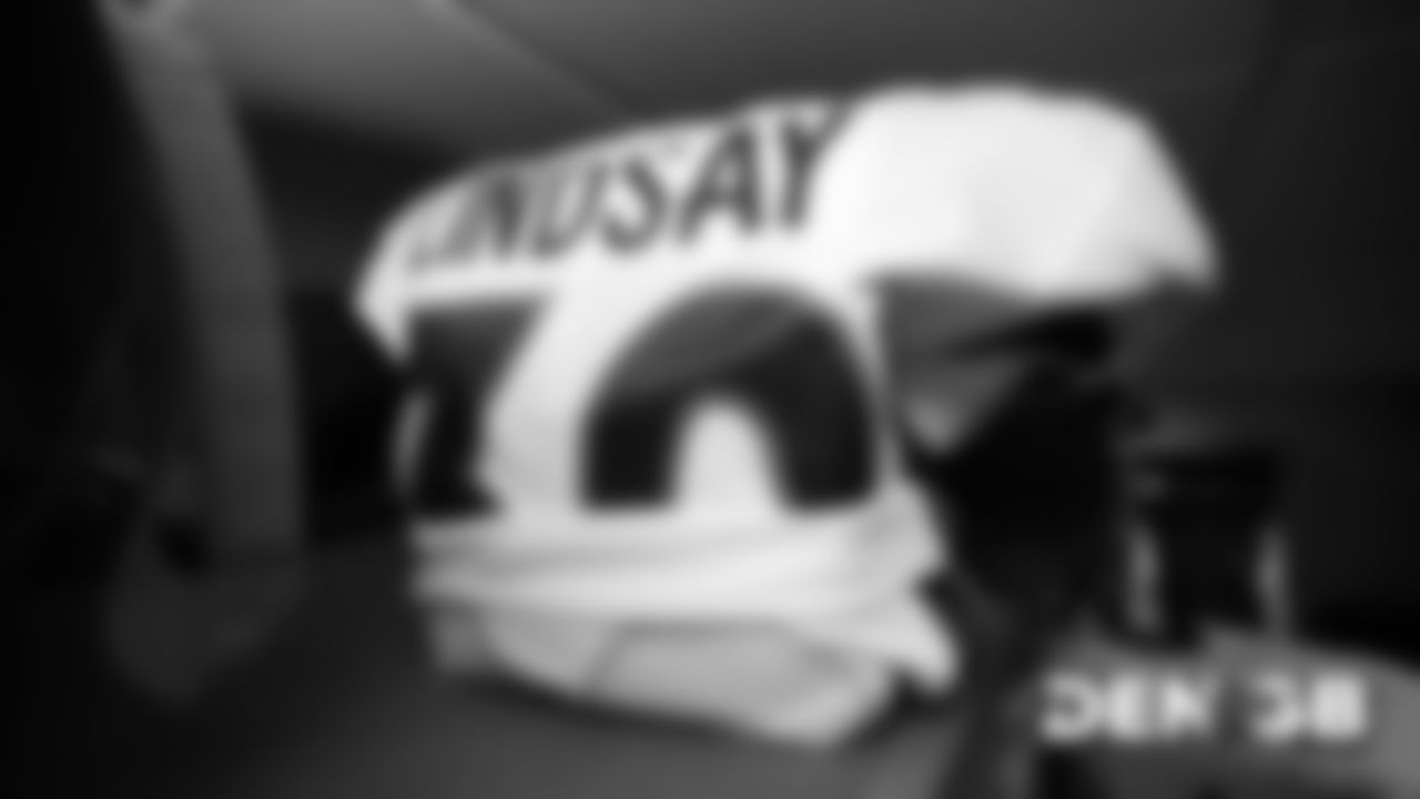 Phillip Lindsay's jersey inside the locker room before the Broncos' Week 3 game against the Green Bay Packers on September 22, 2019 at Lambeau Field. (Photo by Ben Swanson)