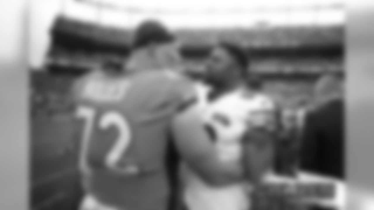 Garett Bolles greets Khalil Mack after the NFL game against the Chicago Bears at Empower Field at Mile High in Denver, Colorado, September 15, 2019.
Photo by Gabriel Christus