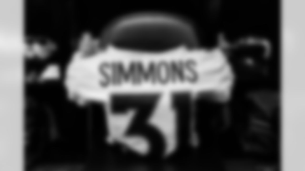 Justin Simmons's jersey in the locker room the Broncos' Week 16 game against the Las Vegas Raiders at Allegiant Stadium in Las Vegas, Nevada on December 26, 2021. (Photo by Joe Abdellah)