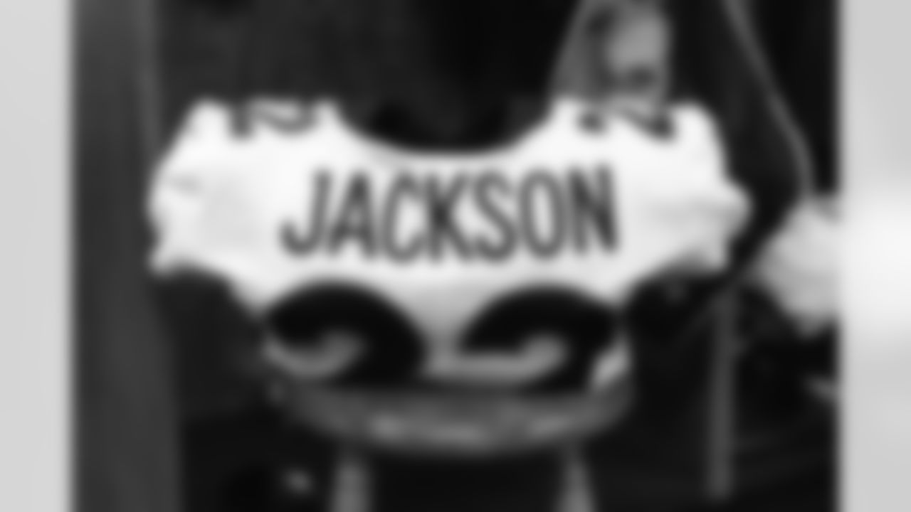 Kareem Jackson's jersey in the locker room before the Broncos' Week 13 game against the Kansas City Chiefs at GEHA Field at Arrowhead Stadium in Kansas City, Missouri on December 5, 2021. (Photo by Joe Abdellah)