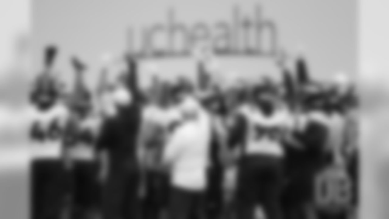 Team huddle during organized team activities at UCHealth Training Center in Centennial, CO, May 20, 2019.
Photo by Gabriel Christus
