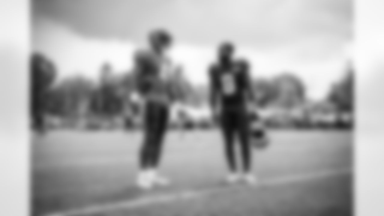 Quarterback Deshaun Watson (4) and Wide receiver Elijah Moore (8) during Day 7 of Training Camp at CrossCountry Mortgage Campus on August 1, 2023.