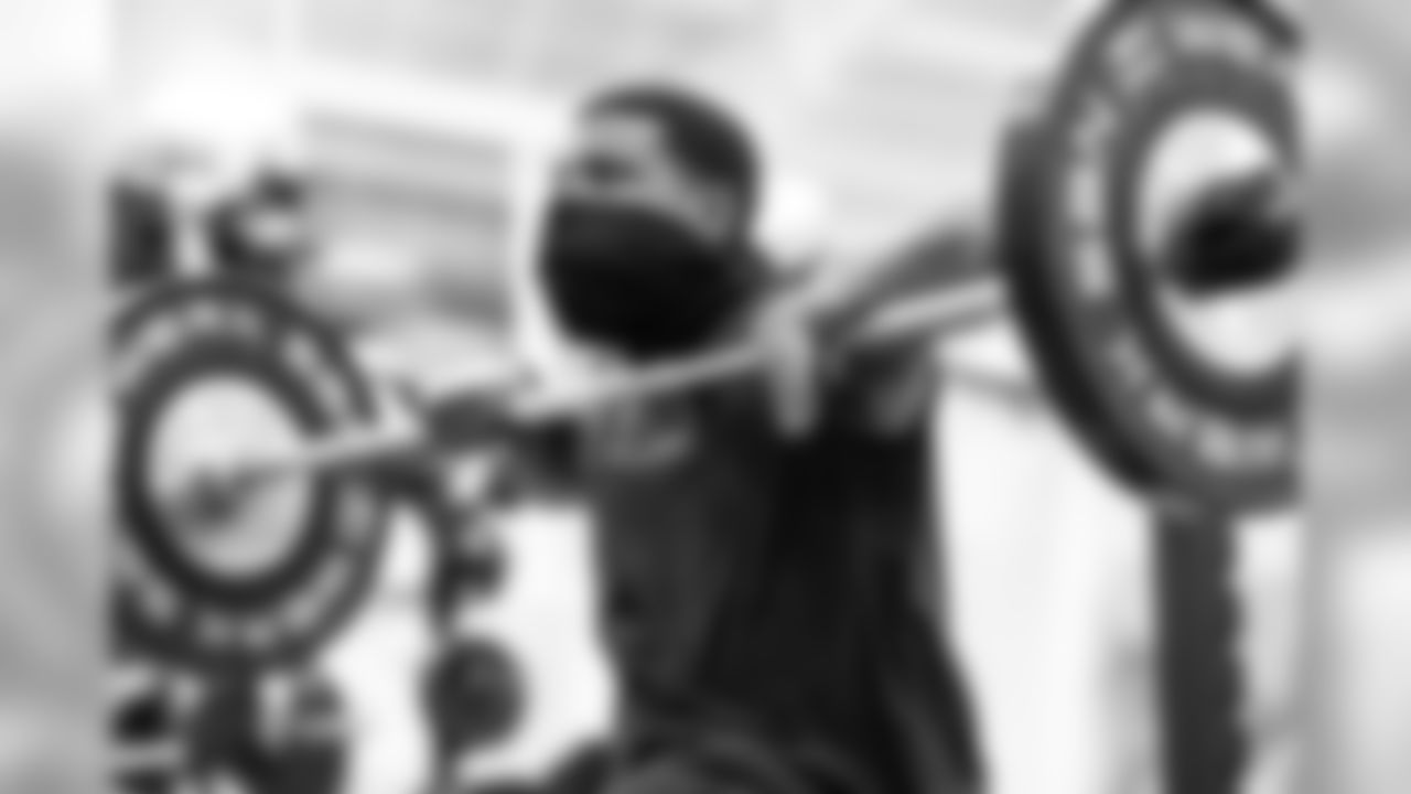 Safety J.T. Hassell (49) during workouts on August 7, 2020