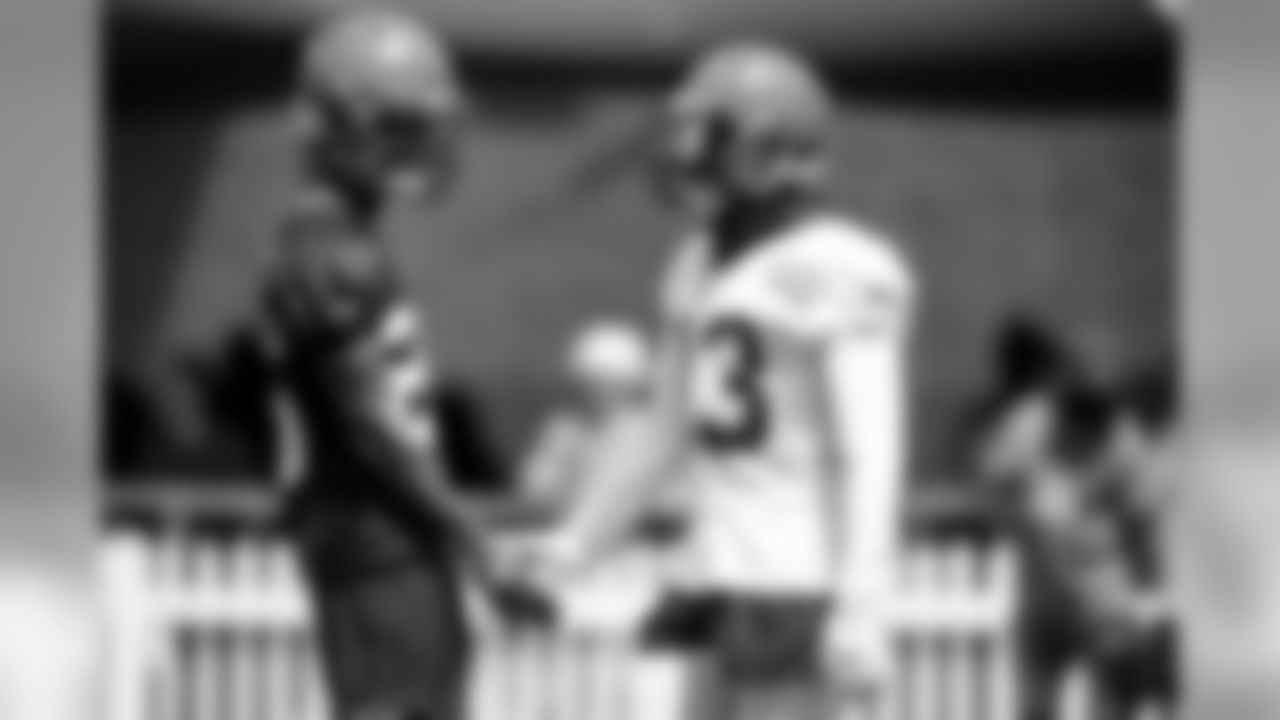 Wide receiver Odell Beckham Jr. (13) and Cornerback Greedy Williams (26) during the second day of training camp on July 26, 2019.