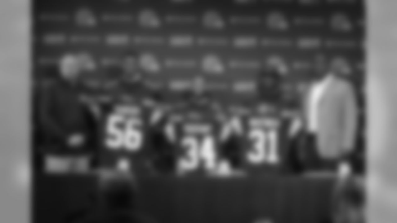 L to R Browns Head Coach Mike Pettine, Karlos Dansby, Isaiah Trufant , Donte Whitner, and Browns GM Ray Farmer
