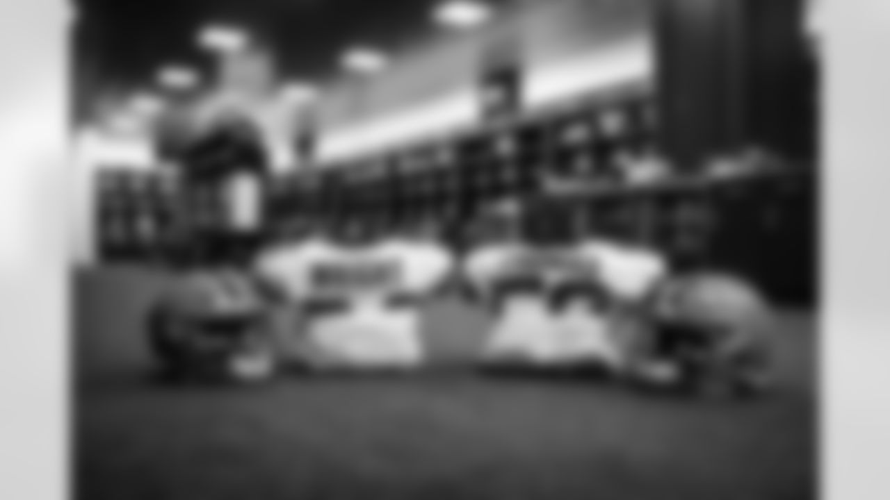 Defensive end Alex Wright and Defensive end Isaiah Thomas' pads before a preseason NFL football game between the Chicago Bears and Cleveland Browns on August 27, 2022 at FirstEnergy Stadium. The Browns lost 21-20.