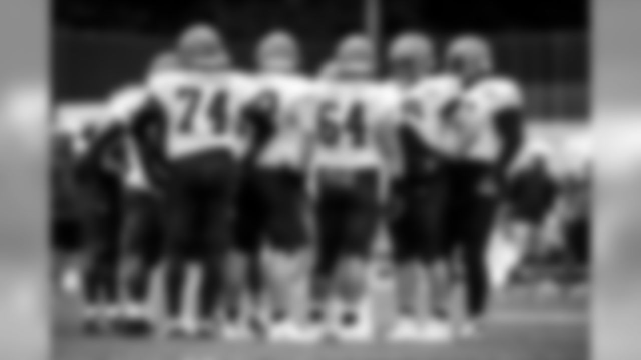 `The offensive line during the fourteenth day of camp on August 12, 2019.