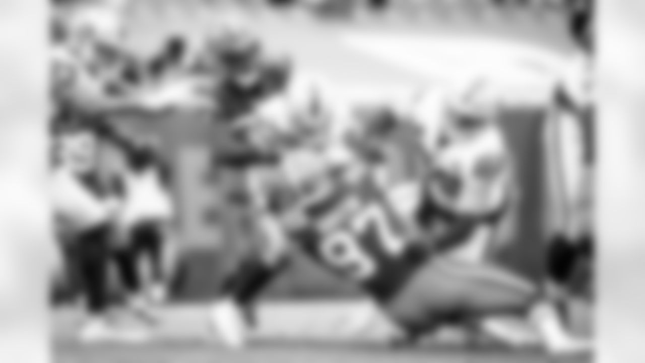 Safety Ronnie Harrison (33) and Defensive end Porter Gustin (97) during a NFL football game between the Las Vegas Raiders and Cleveland Browns on November 1, 2020 at FirstEnergy Stadium. The Browns lost 16-6.
