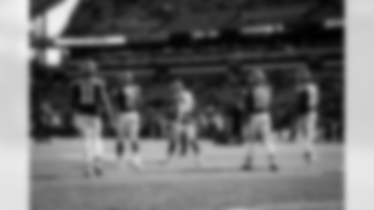 The wide receivers before a NFL football game between the New England Patriots and Cleveland Browns on on October 16, 2022 at FirstEnergy Stadium.