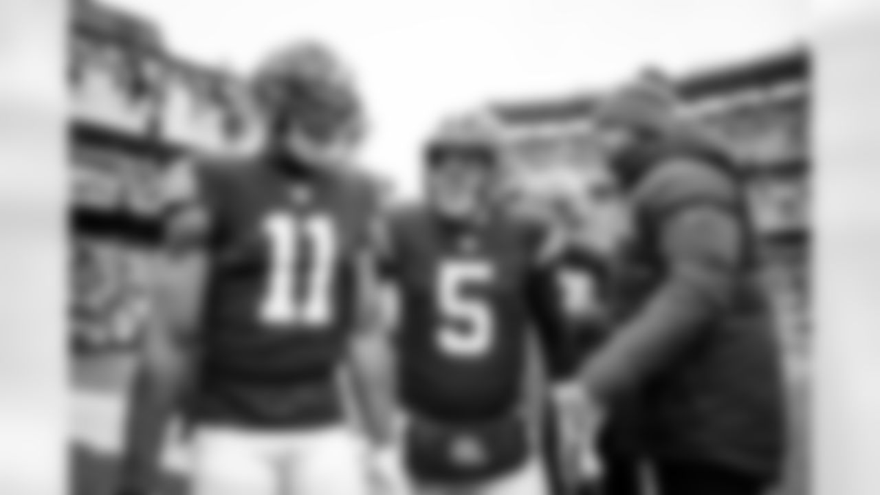 Wide receiver Donovan Peoples-Jones (11), Quarterback Case Keenum (5) and Quarterback Baker Mayfield (6) during a NFL football game between the Cincinnati Bengals and Cleveland Browns on January 9, 2022 at FirstEnergy Stadium. The Browns won 21-16.