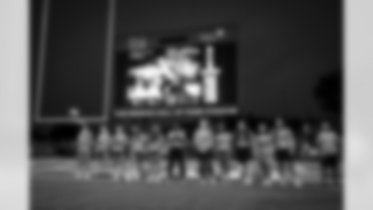 Girls flag football team during the Hall of Fame Game between the New York Jets and Cleveland Browns on August 3, 2023 at Tom Benson Hall of Fame Stadium.