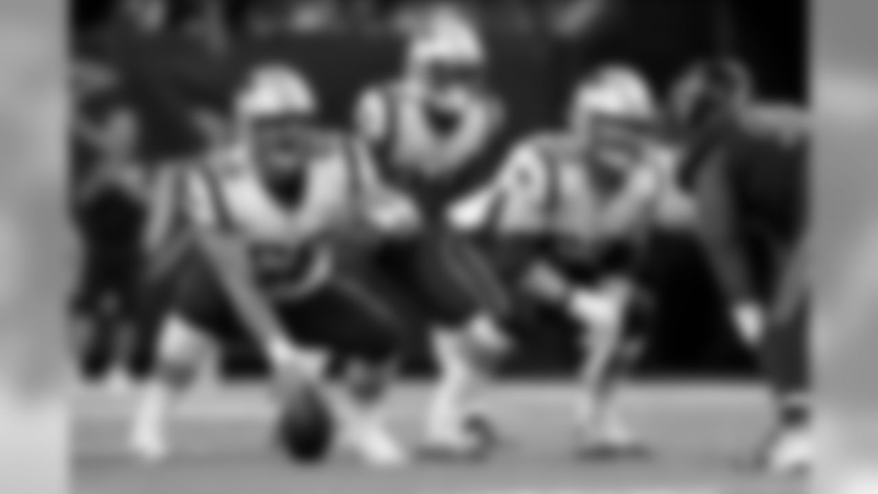 New England Patriots center James Ferentz (66) and New England Patriots offensive guard Joe Thuney (62) line up during an NFL football game against the Houston Texans, Sunday, Dec. 1, 2019, in Houston. The Texans beat the Patriots 28-22. (Cooper Neill via AP)