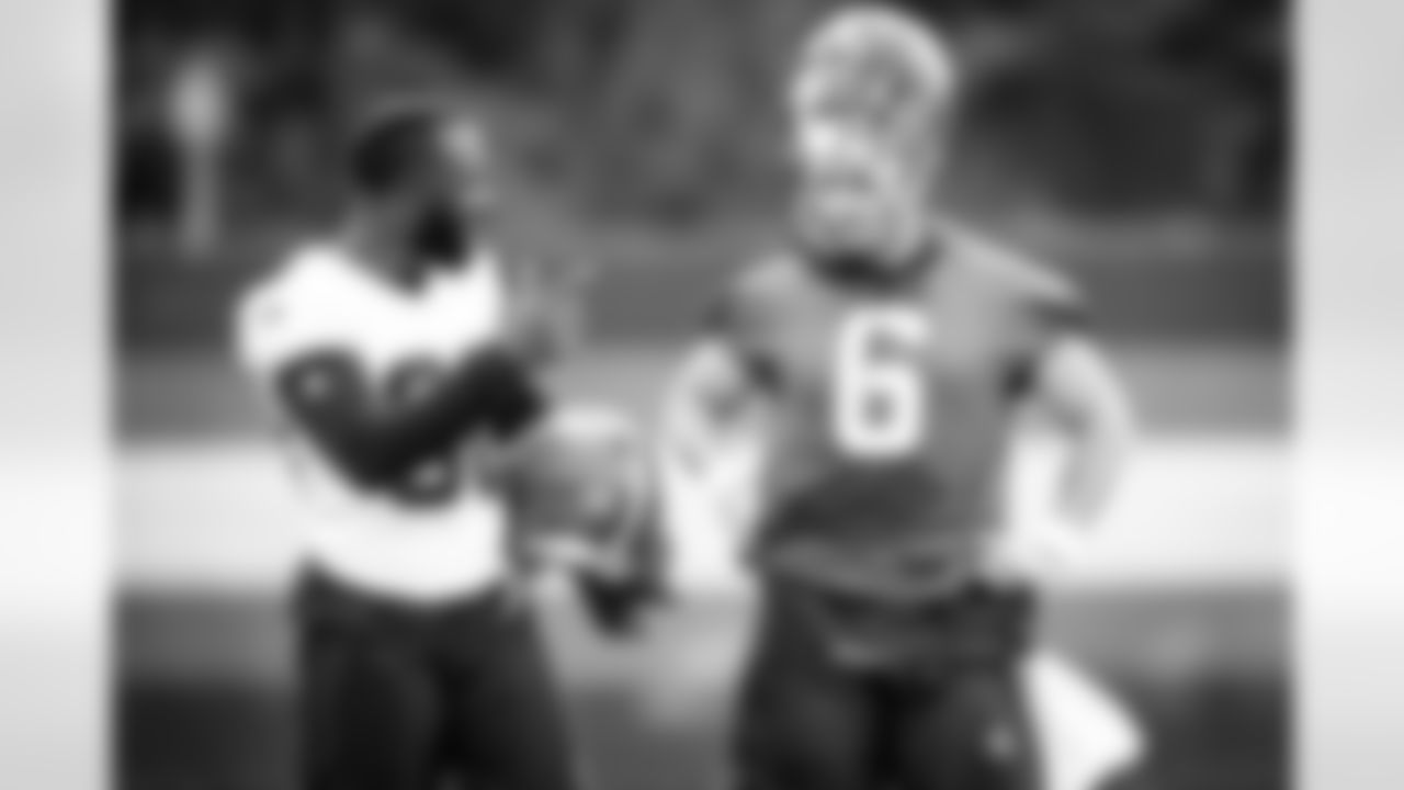 Wide receiver Jarvis Landry (80) and Quarterback Baker Mayfield (6) during the fifteenth day of training camp on August 18, 2021.