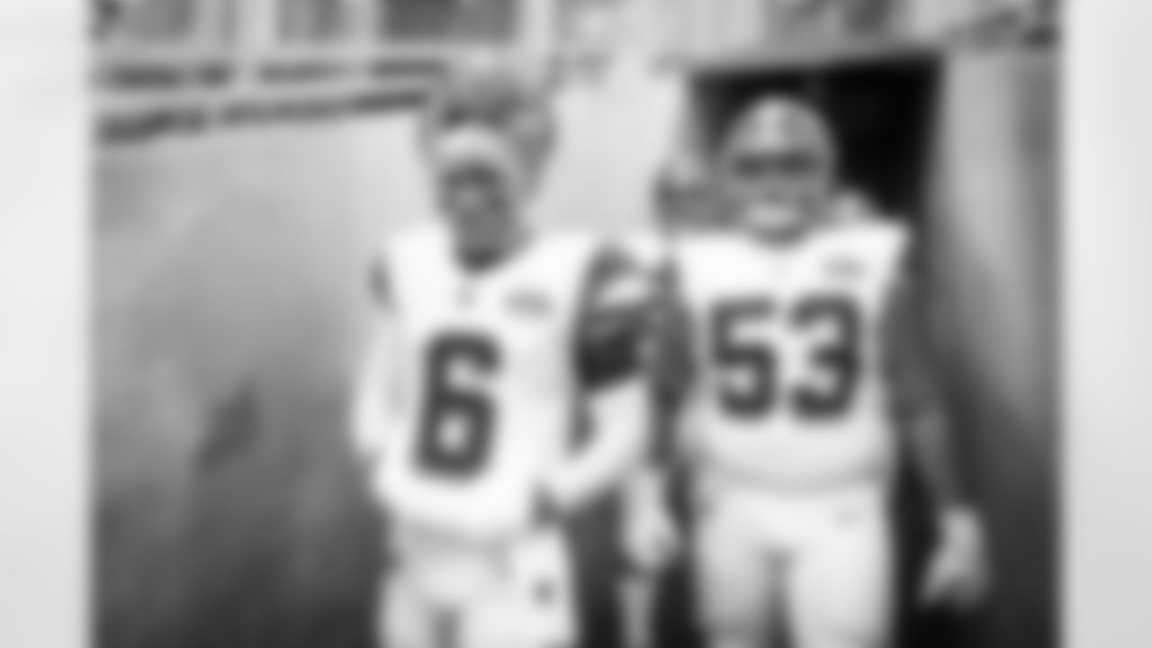 Quarterback Baker Mayfield (6) and Center Nick Harris (53) before a NFL football game between the Cleveland Browns and Green Bay Packers on December 25, 2021 at Lambeau Field. The Browns lost 22-24.