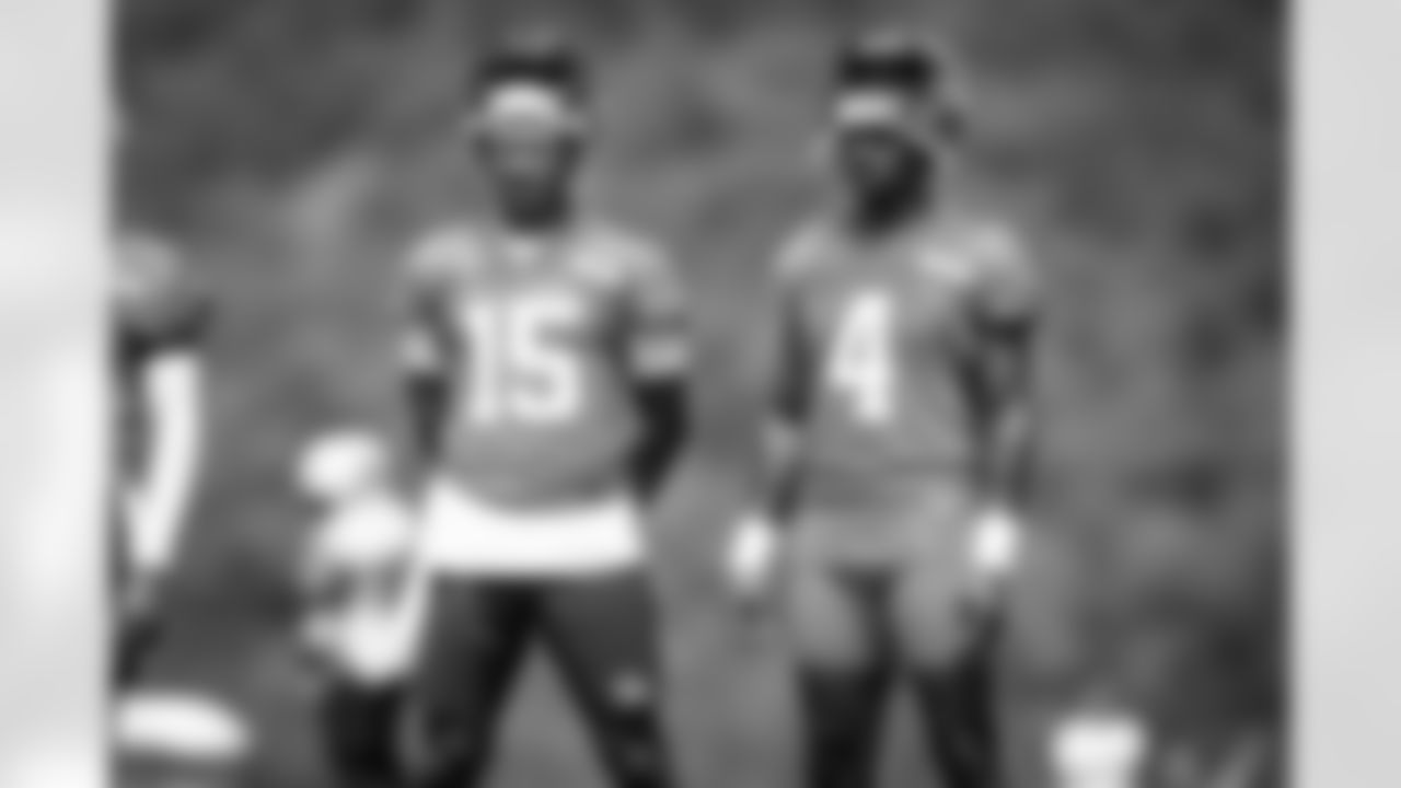 Quarterback Joshua Dobbs (15) and Quarterback Deshaun Watson (4) during Day 3 of Training Camp at The Greenbrier on July 27, 2023.