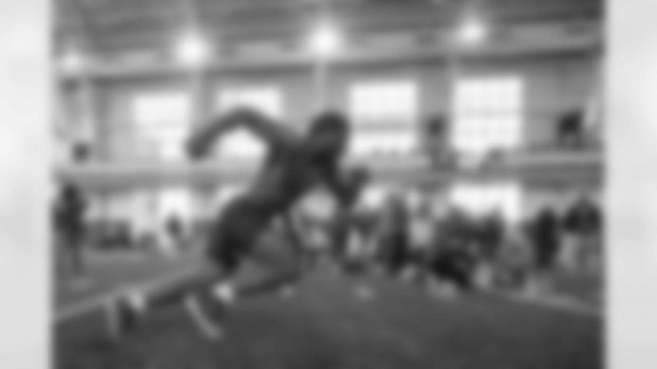 Jeremiah Owusu-Koramoah participates in Notre Dame's Pro Day workout on Wednesday, March 31, 2021, in South Bend, Ind. (AP Photo/Robert Franklin)