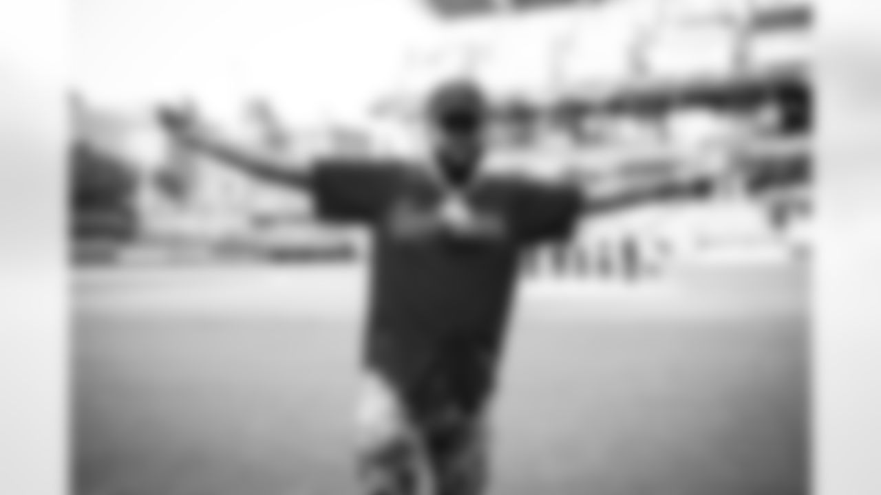 Safety Juan Thornhill (1) visited Progressive Field to throw out the ceremonial first pitch before the Cleveland Guardians played the Chicago White Sox on May 23, 2023.