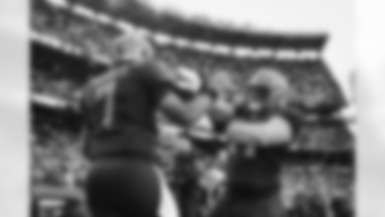 Quarterback Jacoby Brissett (7) and Offensive guard Wyatt Teller (77) during a NFL football game between the Tampa Bay Buccaneers and Cleveland Browns on November 27, 2022 at FirstEnergy Stadium.