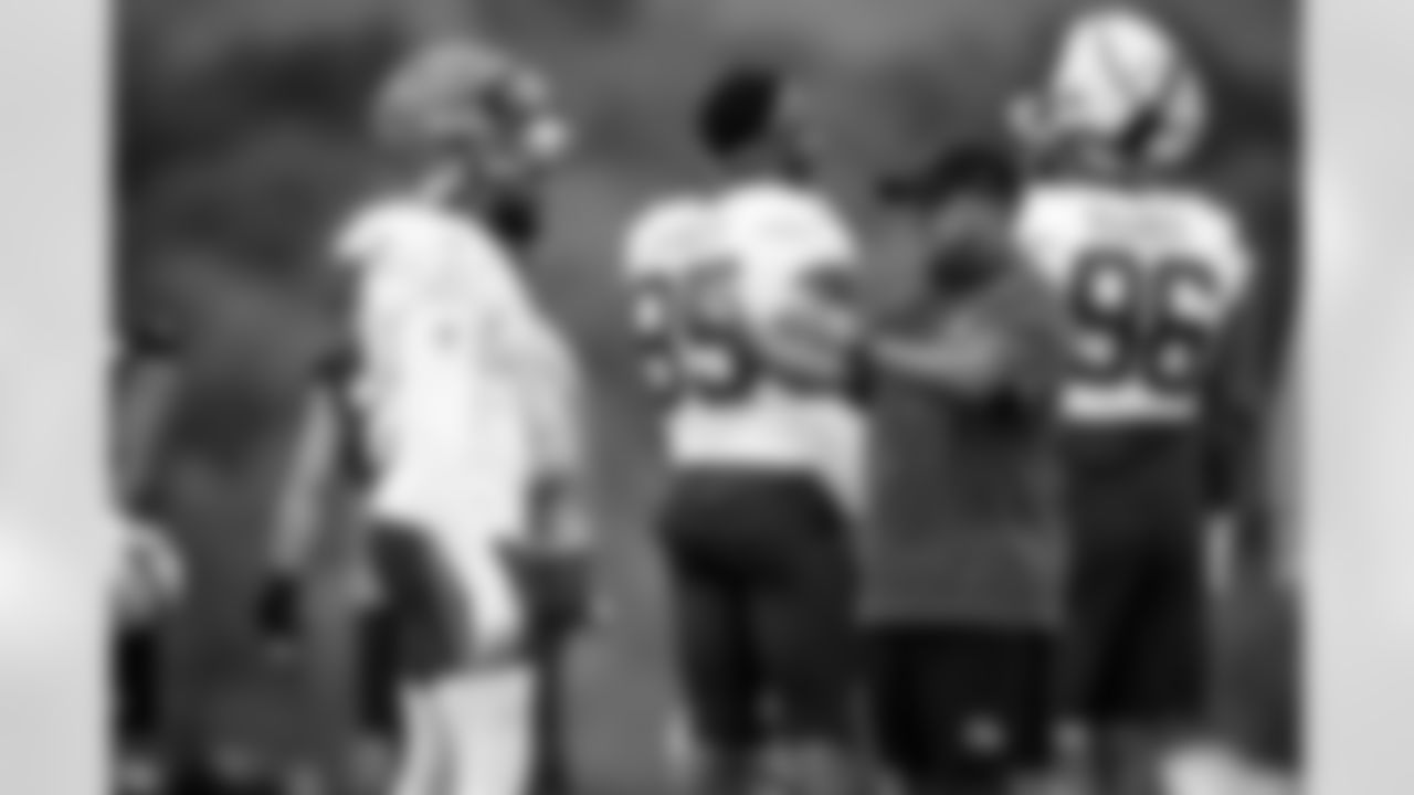 Safeties Coach Ephraim Banda and Safety Juan Thornhill (1) and during Day 3 of Training Camp at The Greenbrier on July 27, 2023.