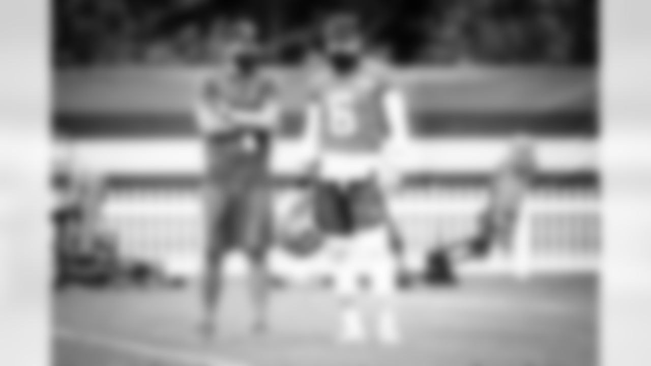 Head Coach Kevin Stefanski and Quarterback Baker Mayfield (6) during practice on September 2, 2020