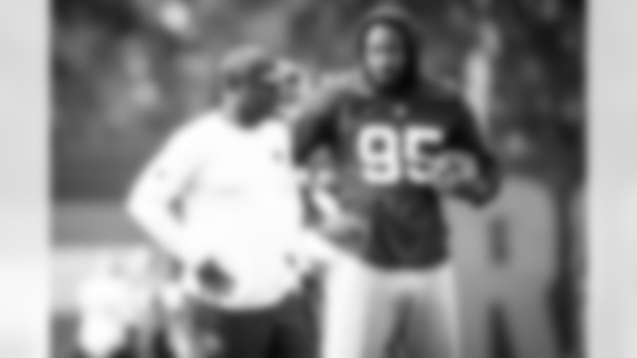 Defensive Coordinator Joe Woods and Defensive end Myles Garrett (95) during practice on October 6, 2021.