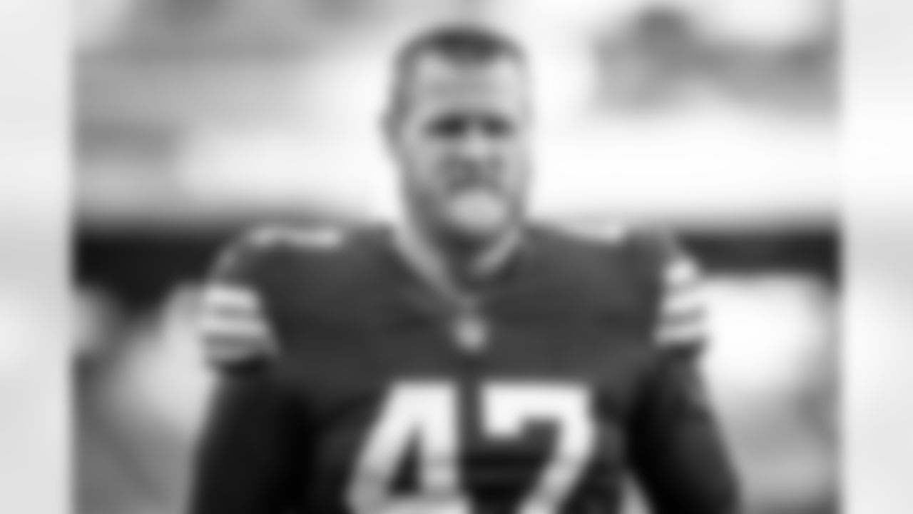 Long snapper Charley Hughlett (47) before a NFL football game between the Las Vegas Raiders and Cleveland Browns on December 20, 2021 at FirstEnergy Stadium. The Browns lost 14-16.