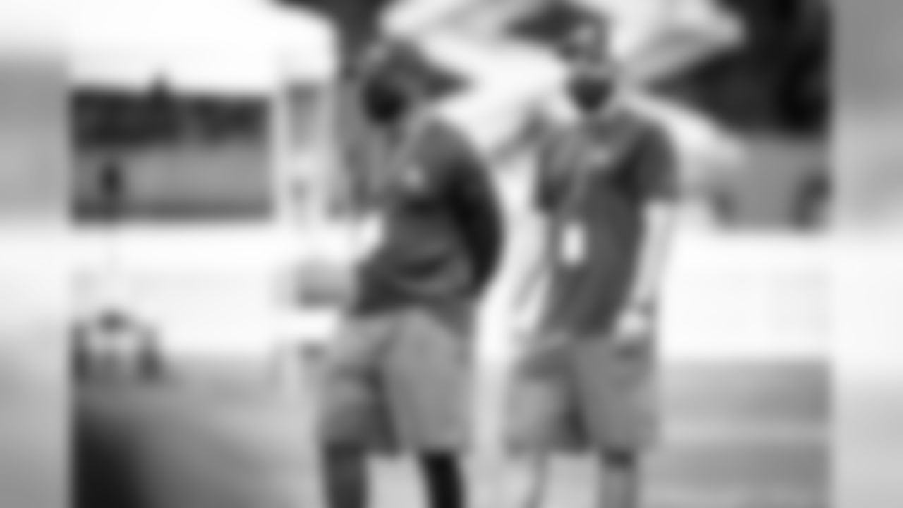Head Coach Kevin Stefanski and Defensive Coordinator Joe Woods during practice on August 17, 2020