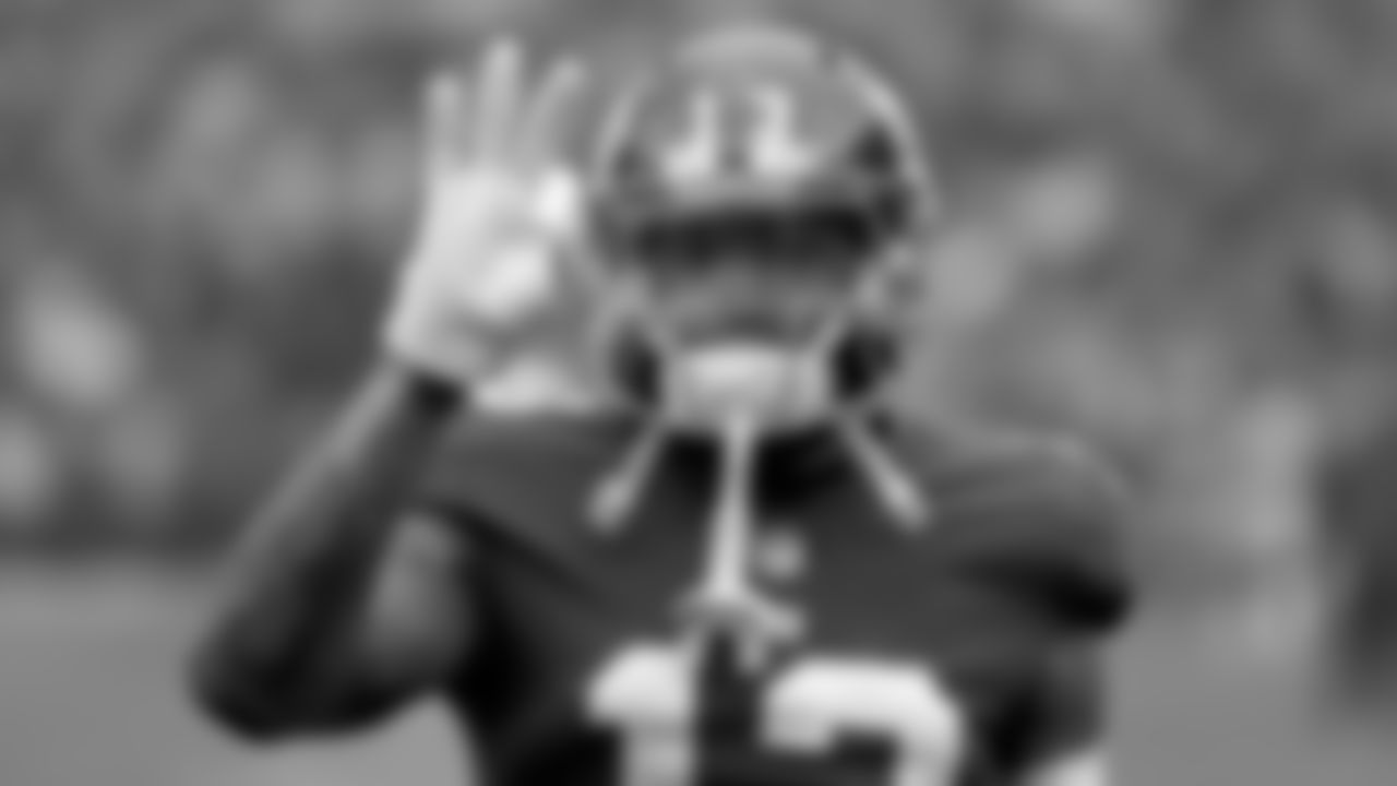 FILE - In this Dec. 2, 2018, file photo, New York Giants wide receiver Odell Beckham Jr. gestures prior to the team's NFL football game against the Chicago Bears in East Rutherford, N.J. Two people familiar with the blockbuster trade say the Cleveland Browns have agreed to acquire Beckham from the Giants. (AP Photo/Seth Wenig, File)