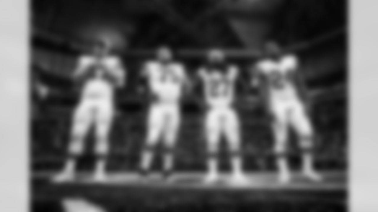 Running back Nick Chubb (24), Offensive guard Joel Bitonio (75), Long snapper Charley Hughlett (47) and Running back Kareem Hunt (27) before a NFL football game between the Cleveland Browns and Atlanta Falcons on October 2, 2022 at Mercedes-Benz Stadium. The Browns lost 20-23.