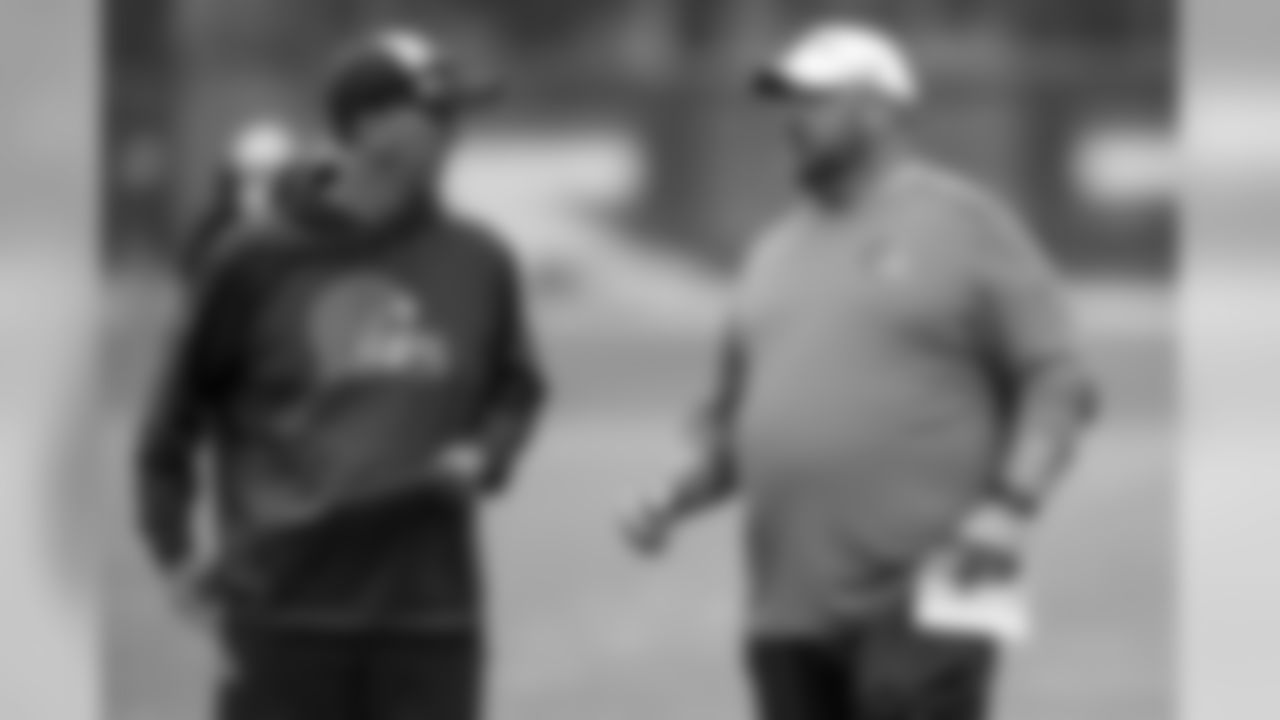 Head Coach Freddie Kitchens and Offensive Coordinator Todd Monken during the eighth practice of OTAs on May 29, 2019.