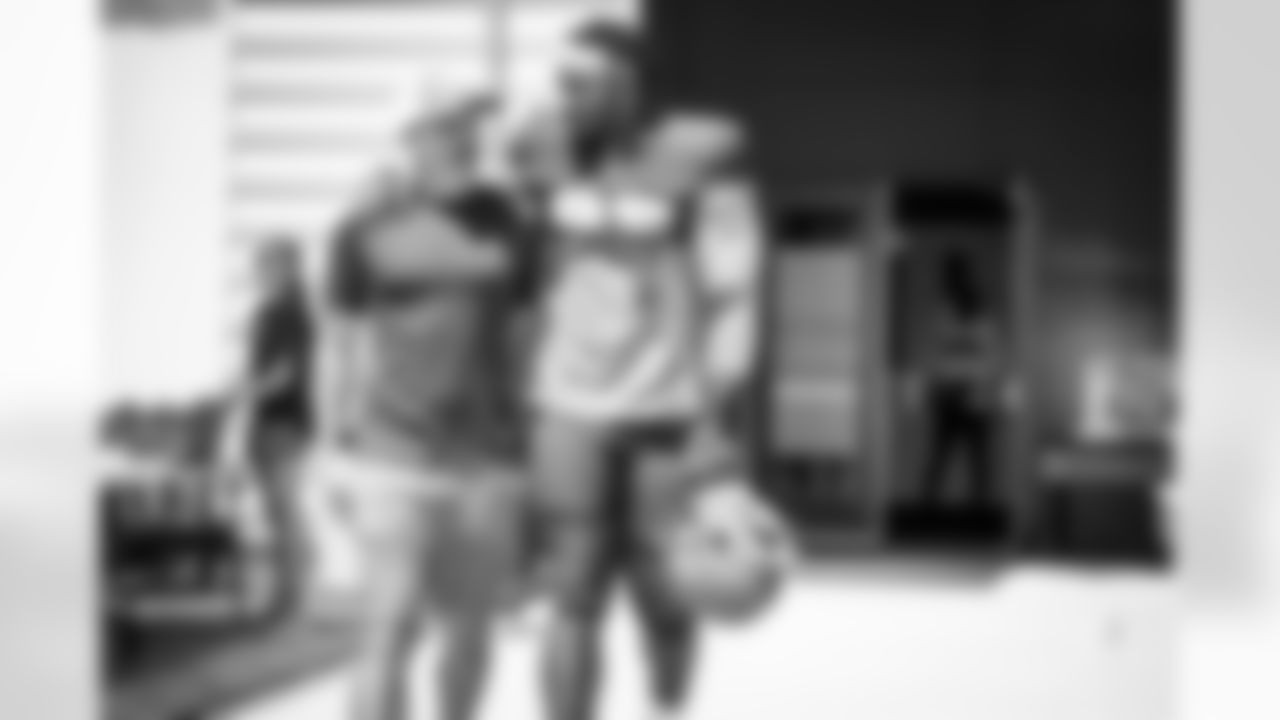 Head Coach Kevin Stefanski and Defensive end Myles Garrett (95) during the seventh day of training camp on August 4, 2021.