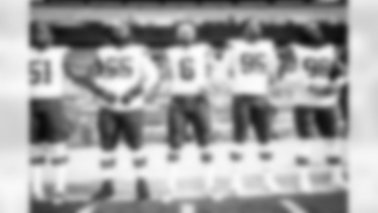 Defensive tackle Larry Ogunjobi (65), Quarterback Baker Mayfield (6), Defensive end Myles Garrett (95) and Defensive tackle Sheldon Richardson (98) before a NFL football game between the Cleveland Browns and Pittsburgh Steelers on October 18, 2020 at Heinz Field. The Browns lost 38-7.