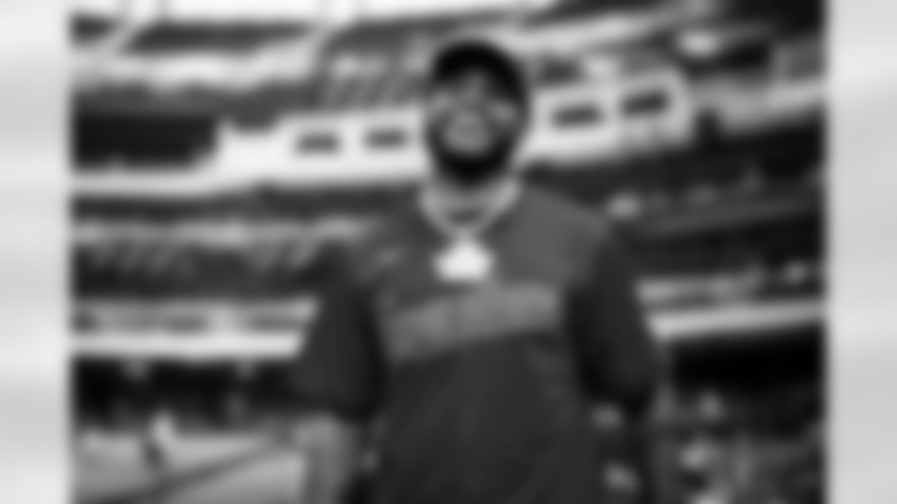 Safety Juan Thornhill (1) visited Progressive Field to throw out the ceremonial first pitch before the Cleveland Guardians played the Chicago White Sox on May 23, 2023.