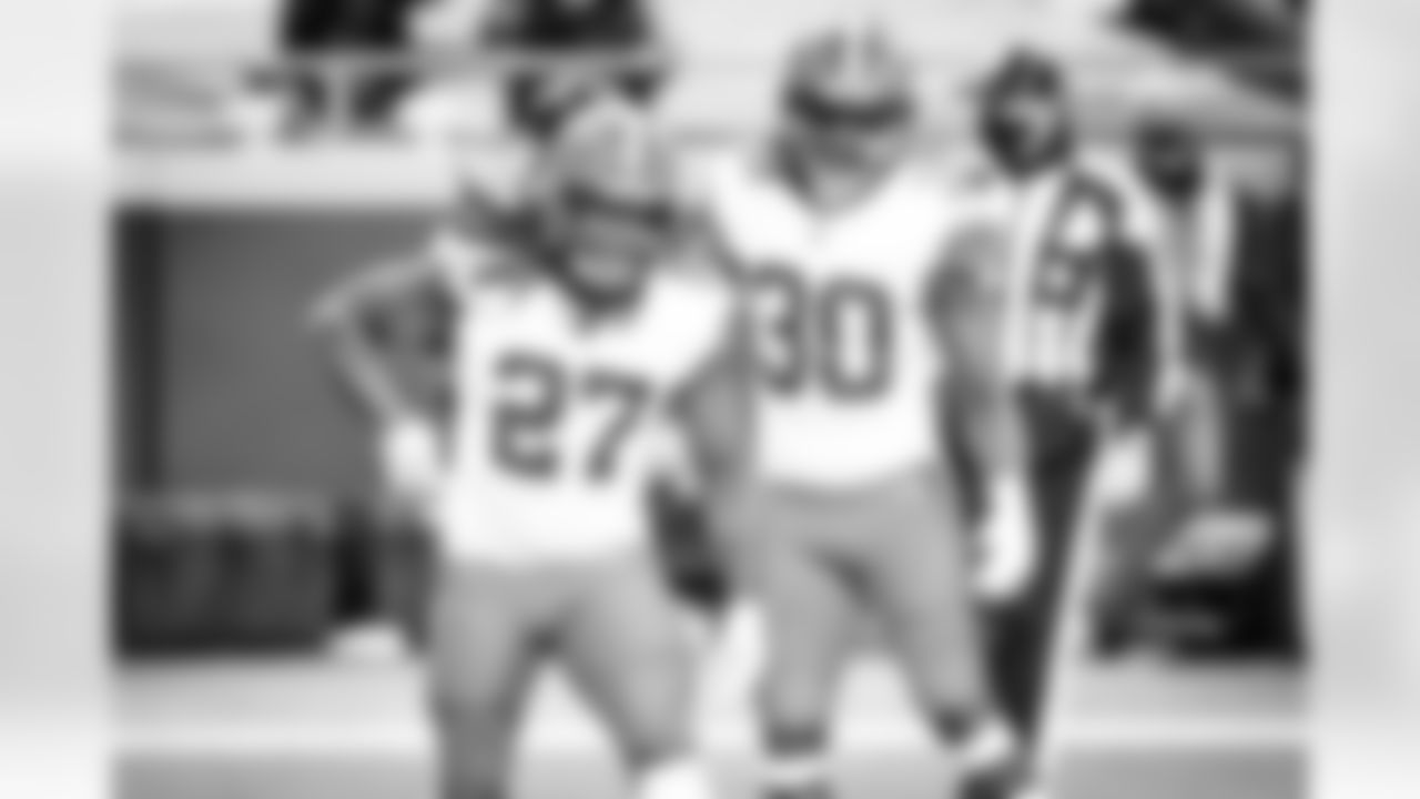 Running Back Kareem Hunt (27) and Running Back D'Ernest Johnson (30) during a NFL divisional round playoff football game between the Cleveland Browns and Kansas City Chiefs on January 17, 2021 at Arrowhead Stadium. The Browns lost 17-22.